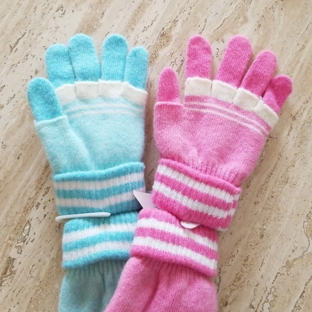 Set of 3 New Light Blue & Pink Combo Double Layered 2 in 1 Wool Blend Gloves